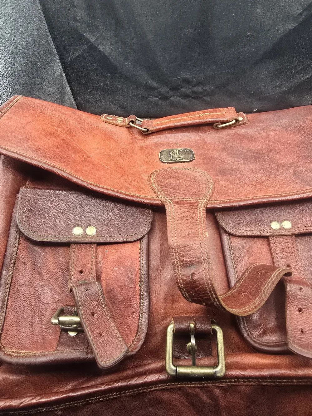 Vintage-Style Brown Leather Briefcase with Brass Hardware